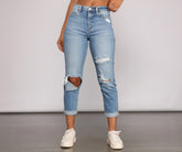Jean mom taille haute court et à revers